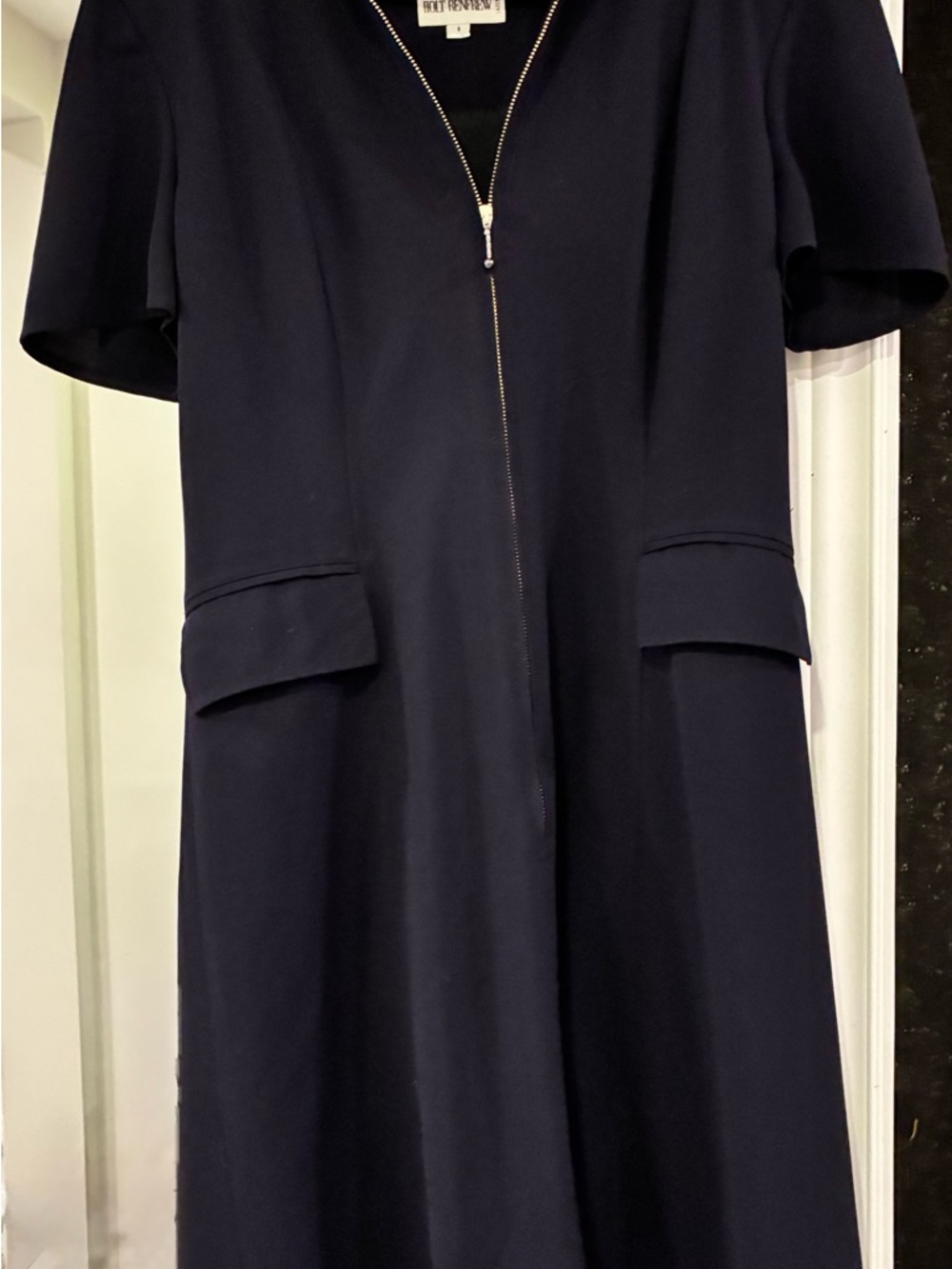 Holt Renfrew Short Sleeve Navy Zip-Front Dress